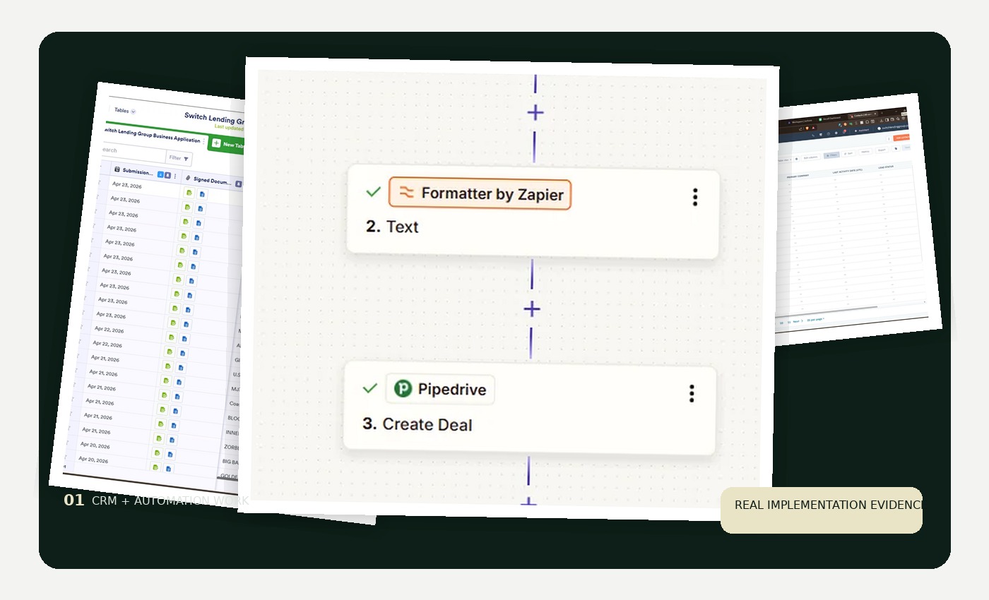 Selected client implementation evidence showing CRM and automation work