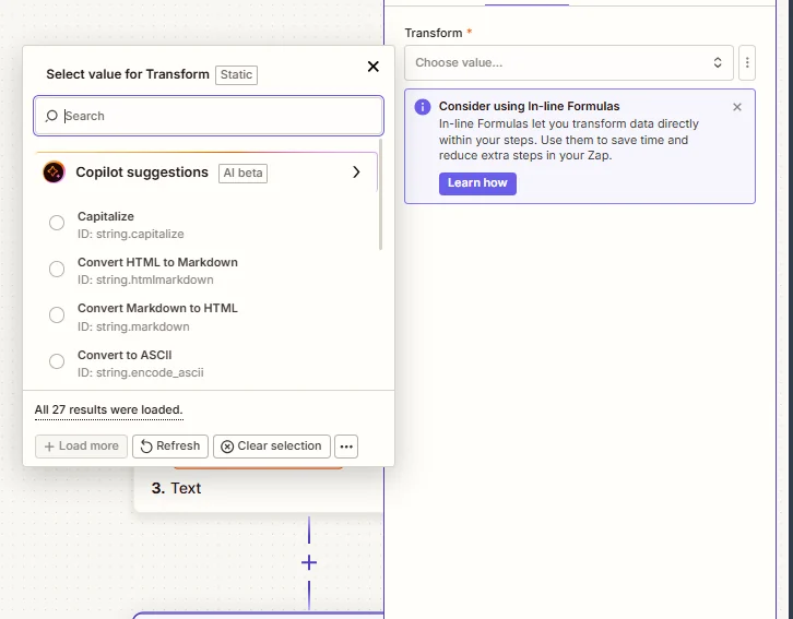 Formatter transformation options