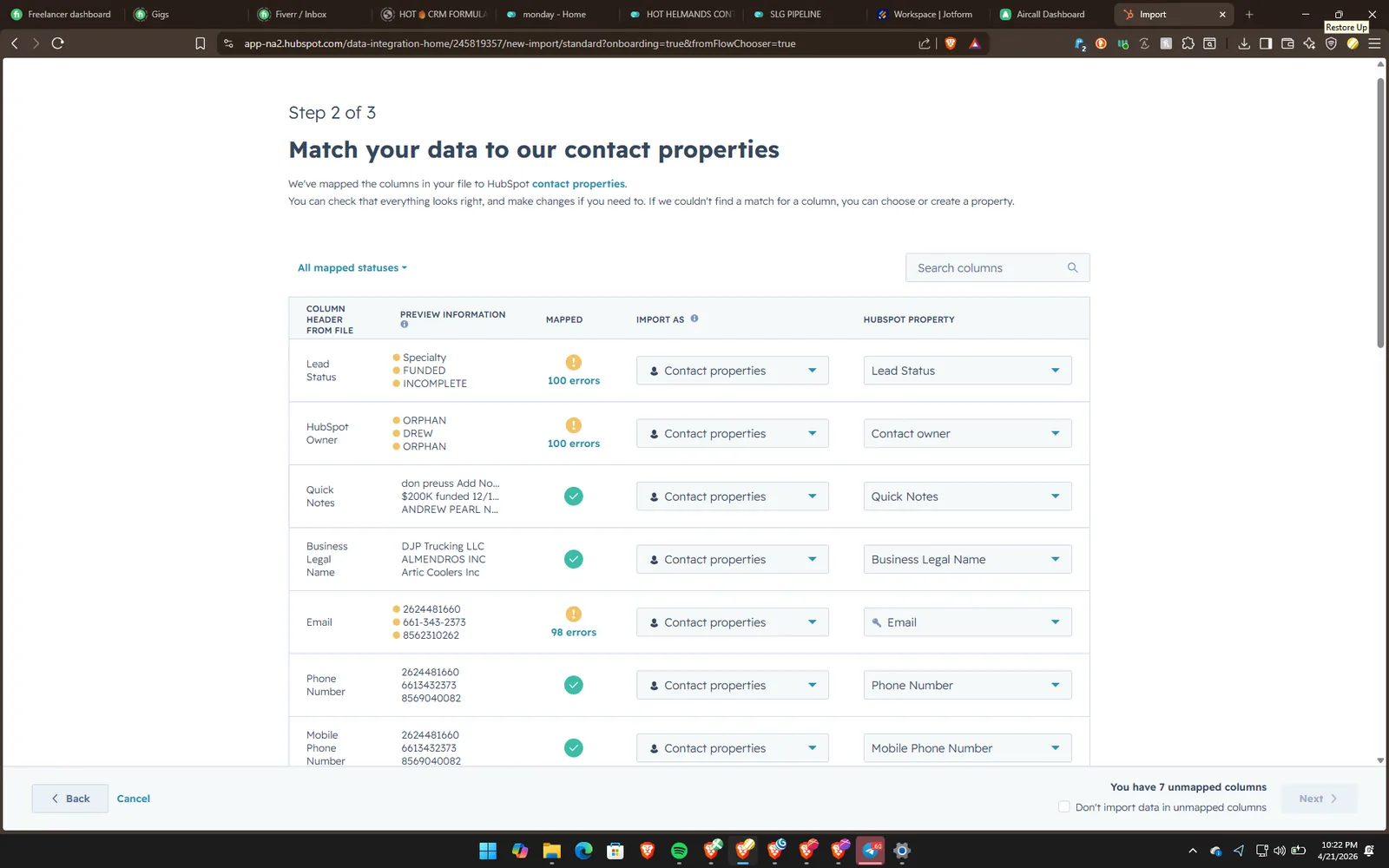 HubSpot import mapping