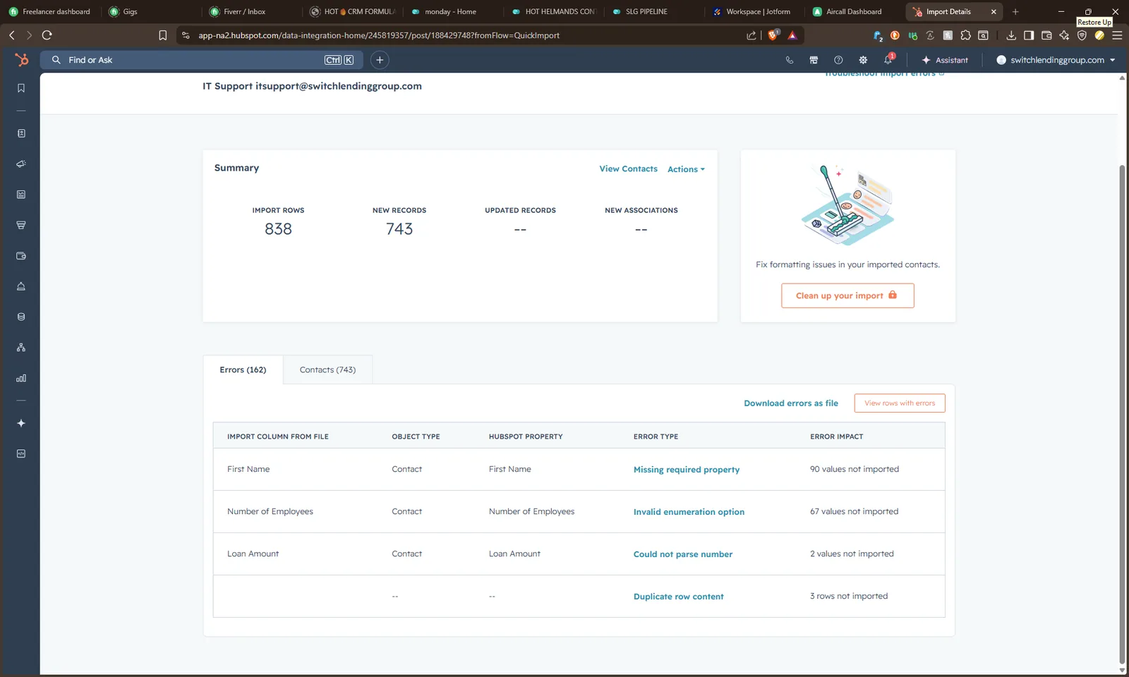 HubSpot import results