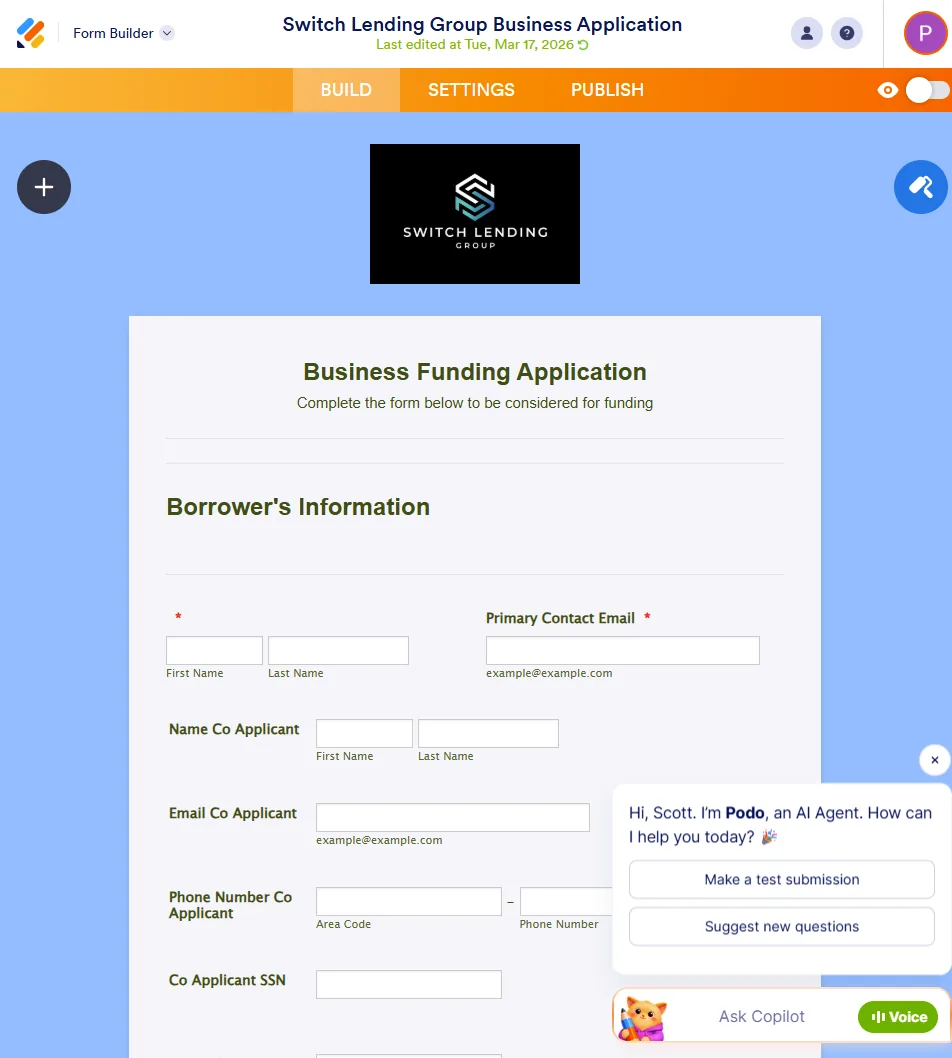 Switch Lending Group business application form