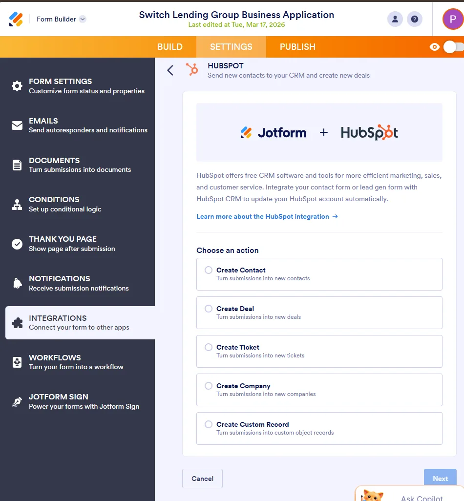 JotForm and HubSpot integration for Switch Lending Group