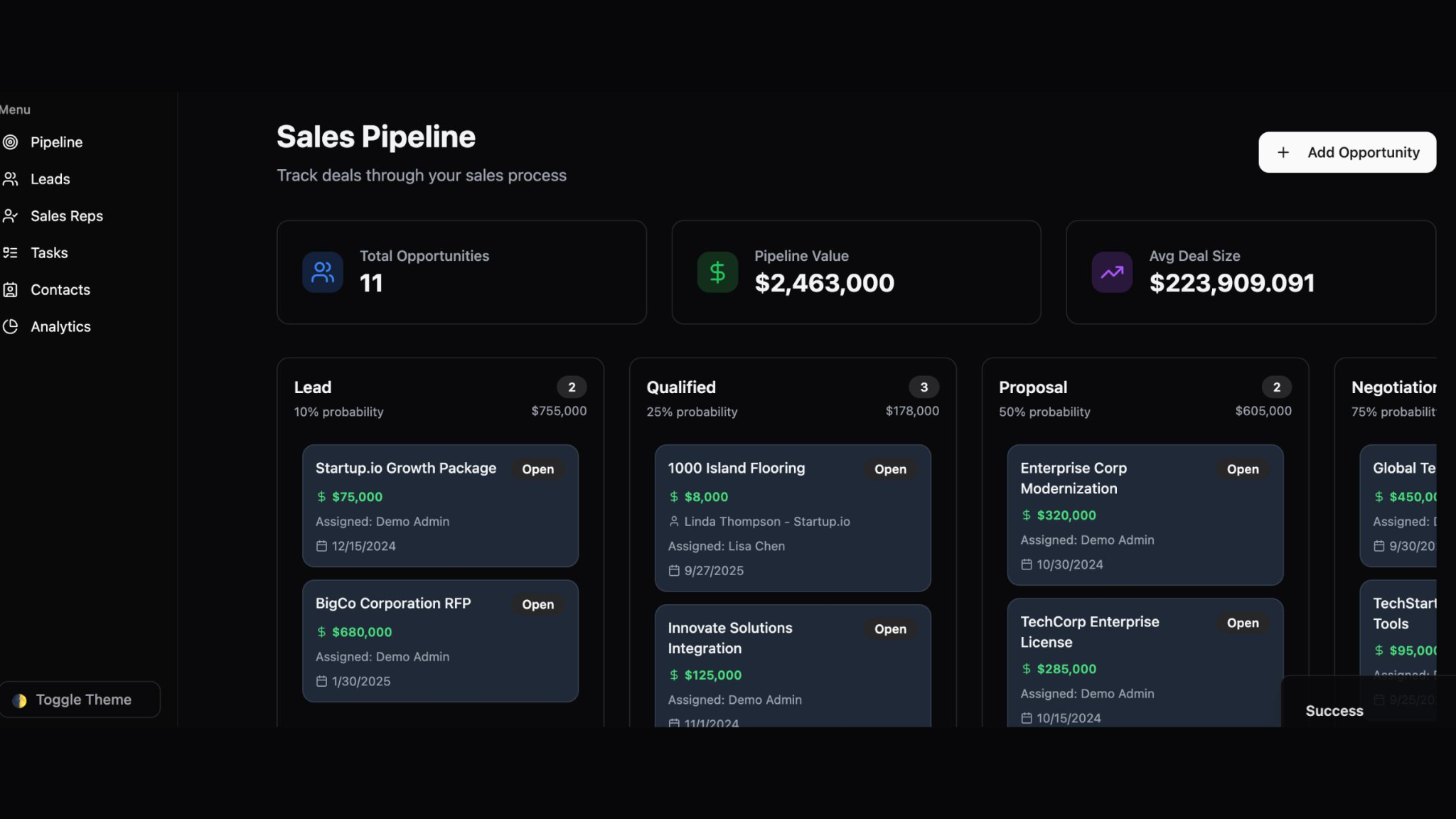 CRM pipeline showing lead stages, ownership and pipeline visibility