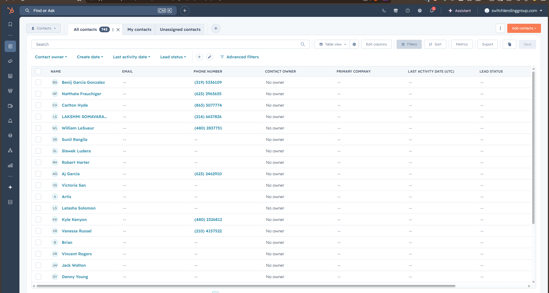 Existing contact database before cleanup